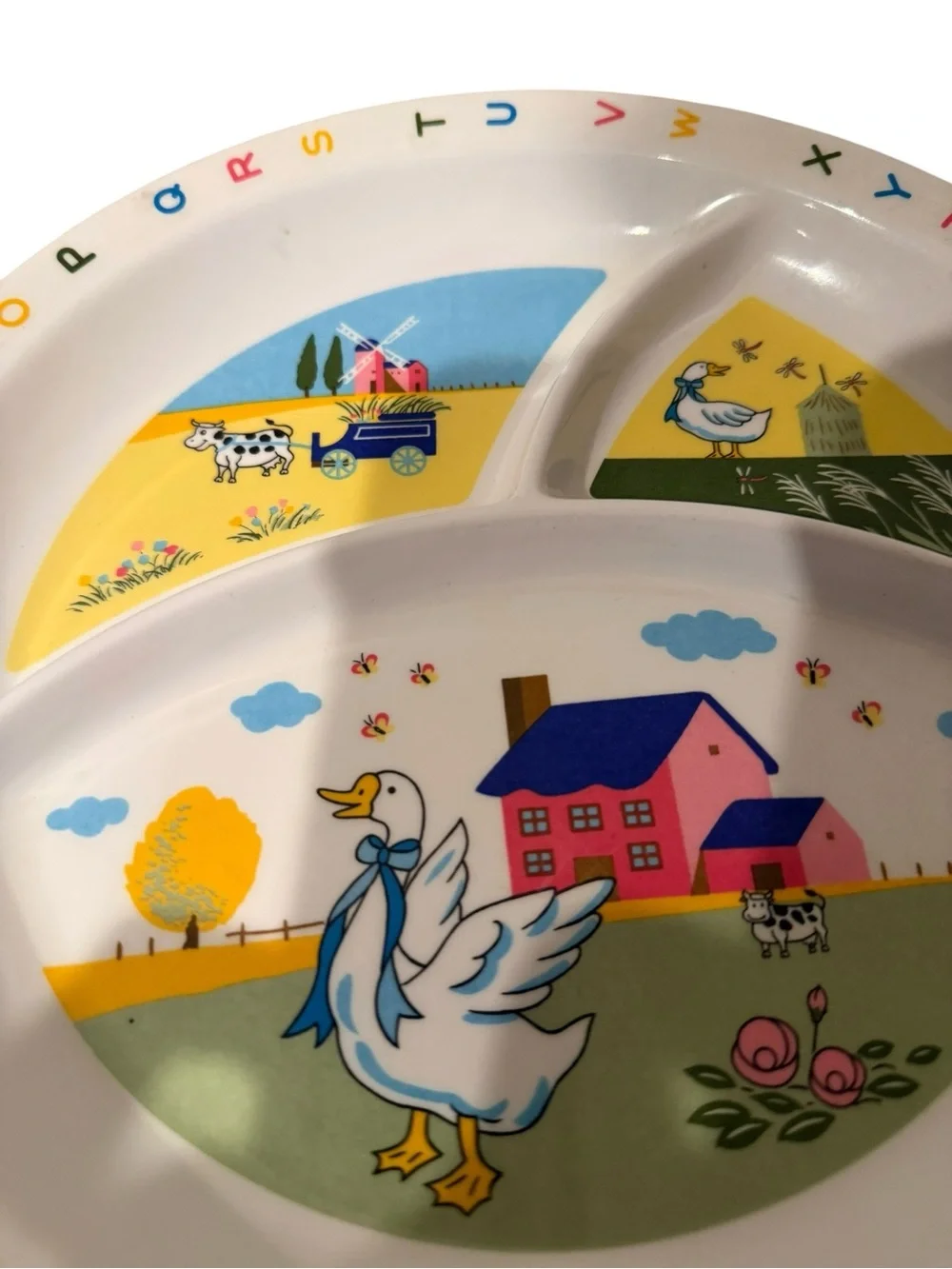 Vintage Kids Goose and Farm Animals Alphabet Rim Divided Melamine Plate‎